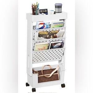5-Tier Bookshelf, Book Storage Organization with Wheels Mobile Rolling Book
